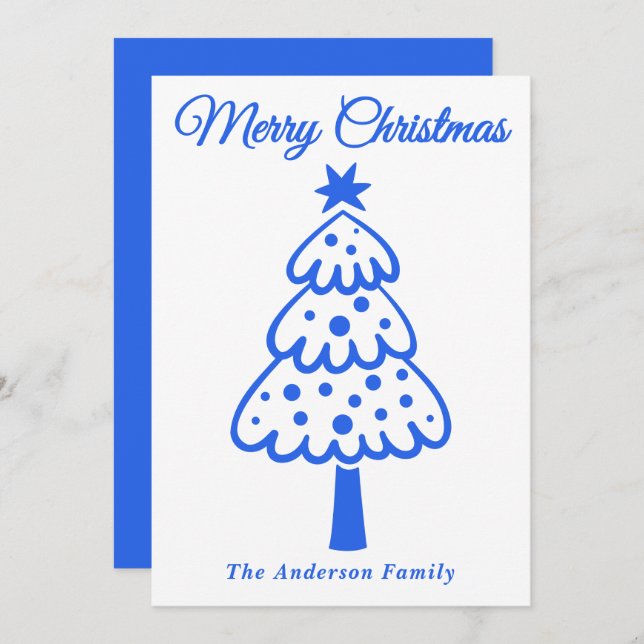 Whimsical Royal Blue Hand Drawn Christmas Tree Holiday Card (Front/Back)