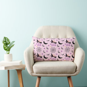 Whimsical "Run Away With Me" Halloween Witch & Bat Lumbar Cushion