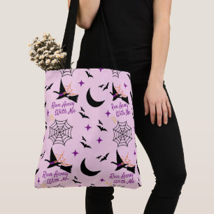 Whimsical "Run Away With Me" Halloween Witch & Bat Tote Bag
