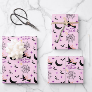 Whimsical "Run Away With Me" Halloween Witch & Bat Wrapping Paper Sheet