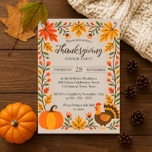 Whimsical Rustic Autumn Leaves Thanksgiving Dinner Invitation
