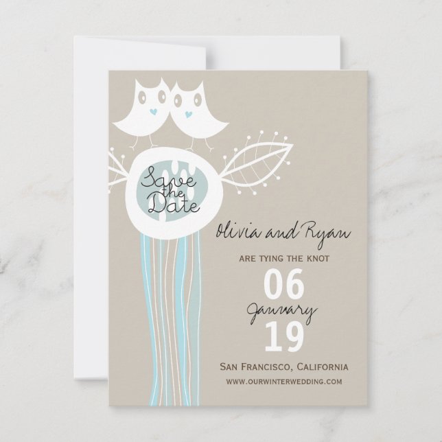 Whimsical Rustic Blue Owls Photo Save The Date (Front)