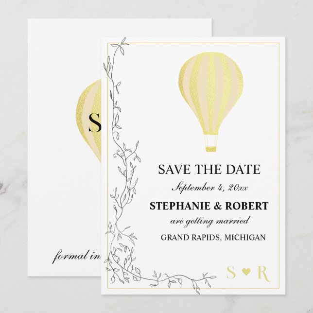 Whimsical Rustic Golden Hot Air Balloon Save The Date (Front/Back)