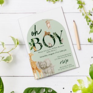 whimsical Safari Animal Jungle Green Baby Shower Invitation