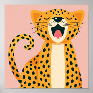 Whimsical Safari Animal Yawning Cheetah Cartoon Poster