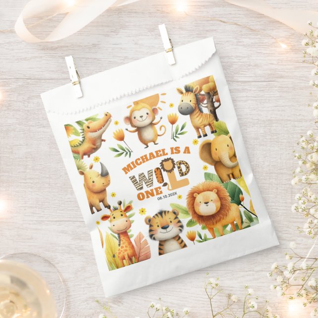 Whimsical Safari Animals WILD ONE 1st Birthday  Favour Bag (Clipped)