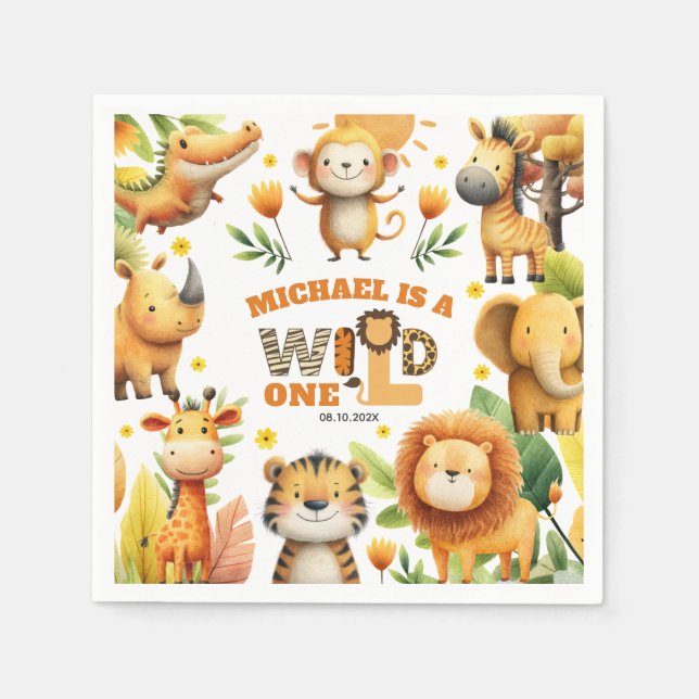 Whimsical Safari Animals WILD ONE 1st Birthday  Napkin (Front)