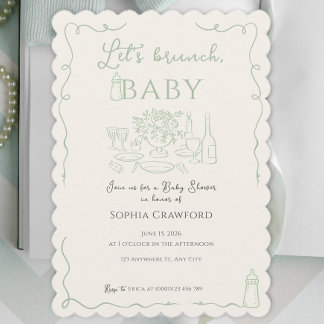 Whimsical Sage Doodle Let's Brunch Baby Shower Invitation