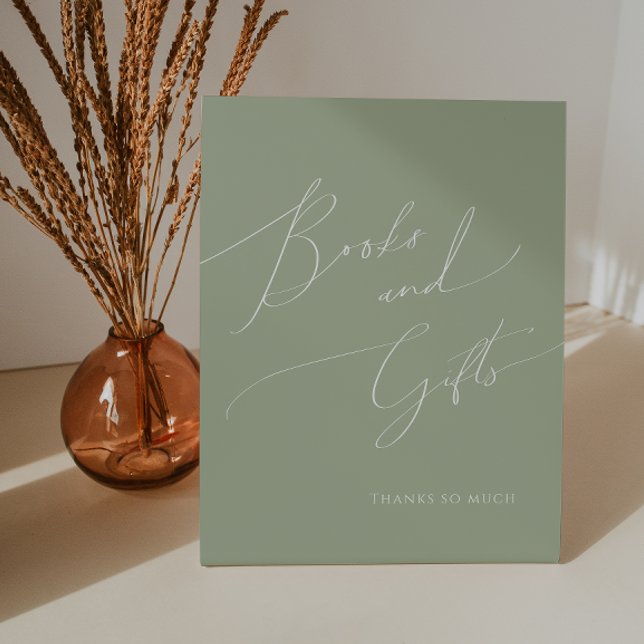 Whimsical Sage Green Baby Shower Books and Gifts Pedestal Sign (Creator Uploaded)