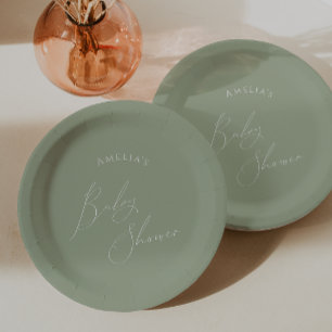 Whimsical Sage Green Baby Shower Paper Plate