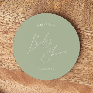 Whimsical Sage Green Baby Shower Round Paper Coaster