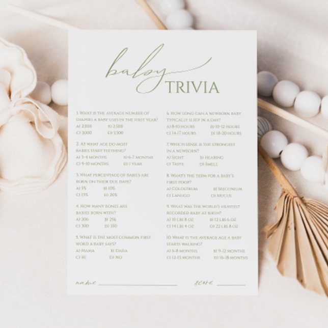 Whimsical Sage Green Baby Shower Trivia Card (Creator Uploaded)