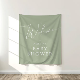 Whimsical Sage Green Baby Shower Welcome Backdrop Tapestry