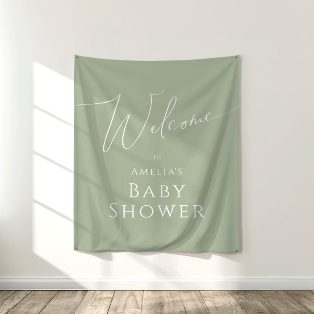 Whimsical Sage Green Baby Shower Welcome Backdrop Tapestry (Creator Uploaded)