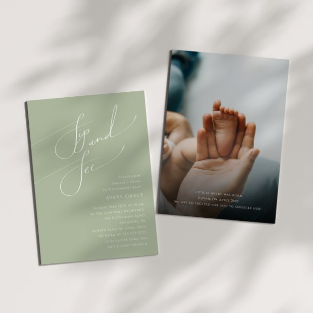 Whimsical Sage Green | Baby Sip and See Photo Invitation (Creator Uploaded)