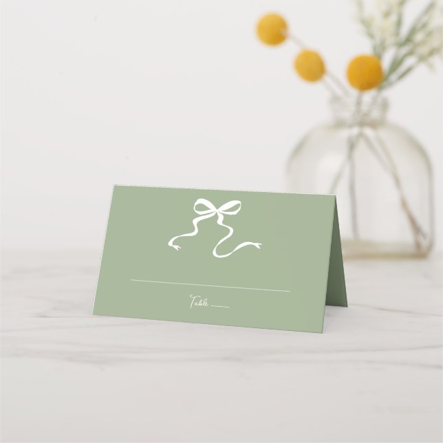 Whimsical Sage Green Bow Wedding Place Card (Front)