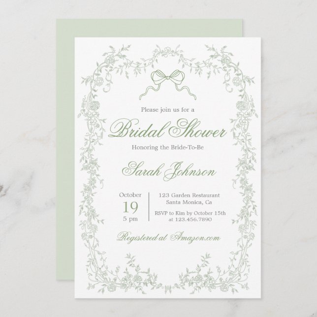 Whimsical Sage Green Bridal Shower Invitation (Front/Back)