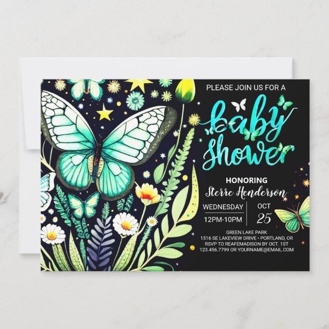 Whimsical Sage Green Butterfly Baby Shower Invitation (Front)