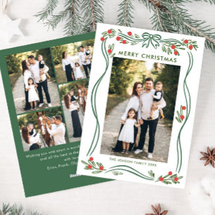 Whimsical Sage Green Christmas Bow Ribbon 5 Photo Holiday Card