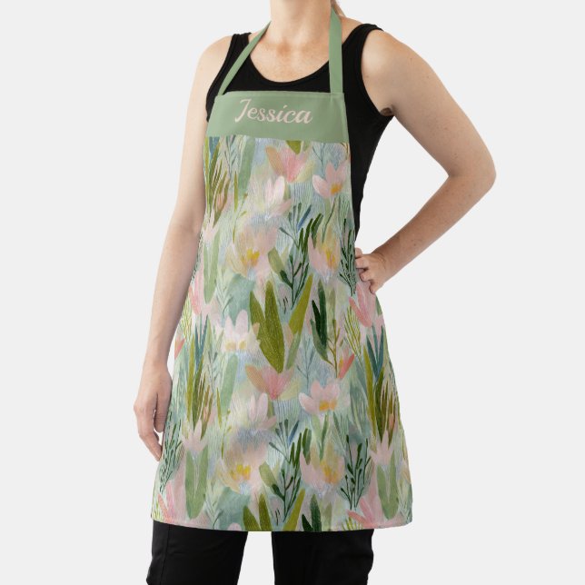 Whimsical Sage Green Floral Personalised Apron (Insitu)