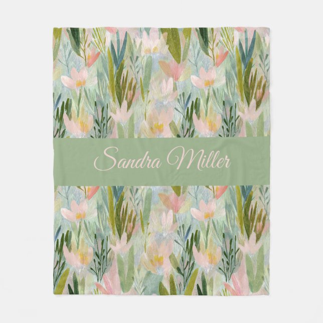 Whimsical Sage Green Floral Personalised Fleece Blanket (Front)