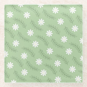 Whimsical Sage Green Floral Retro, Cheerful Glass Coaster