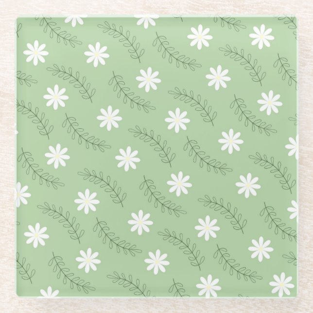 Whimsical Sage Green Floral Retro, Cheerful Glass Coaster (Front)