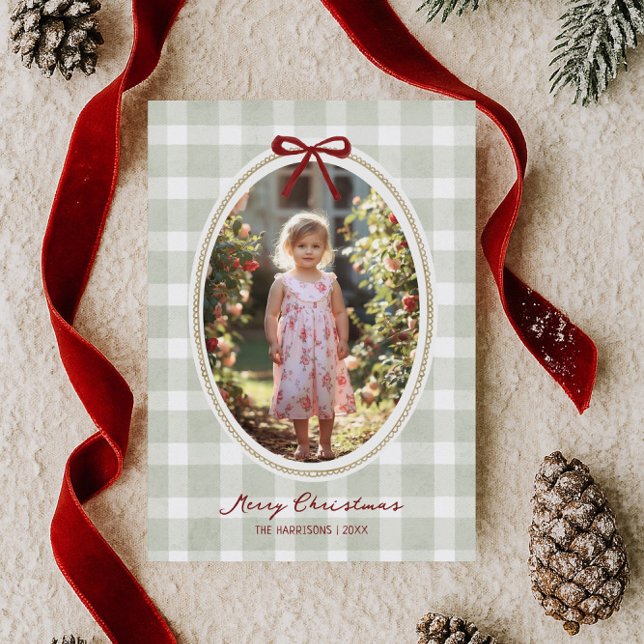 Whimsical Sage Green Gingham Holiday Card (Creator Uploaded)