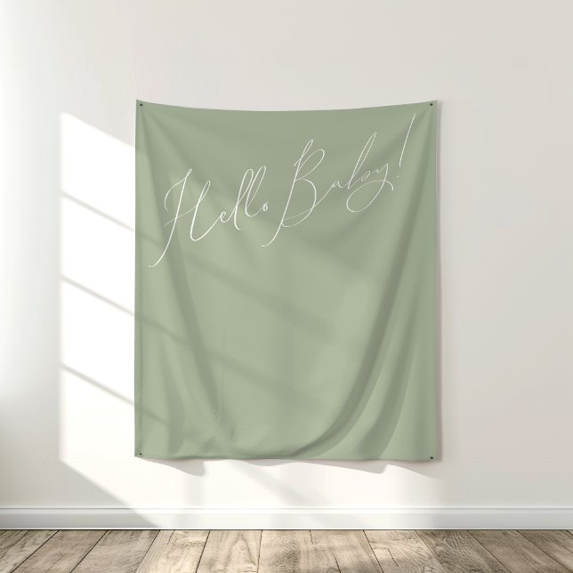 Whimsical Sage Green Hello Baby Backdrop Tapestry (Creator Uploaded)