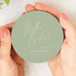 Whimsical Sage Green Hello Baby Round Paper Coaster