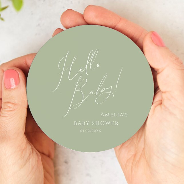 Whimsical Sage Green Hello Baby Round Paper Coaster (Creator Uploaded)