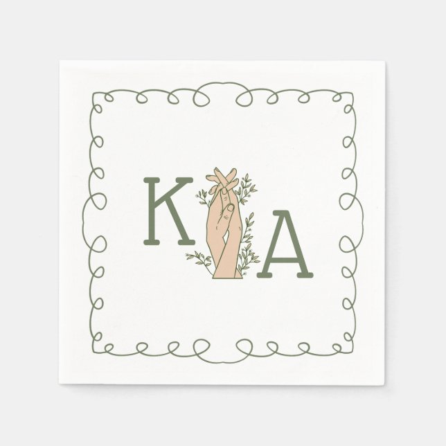 Whimsical Sage Green Initial Trendy Hand Drawn Napkin (Front)