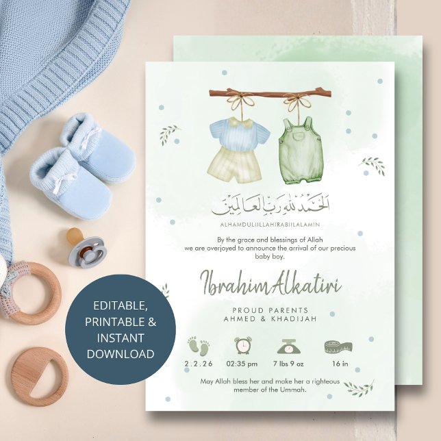 Whimsical Sage Green Islamic Baby Boy Birth Announcement (Creator Uploaded)