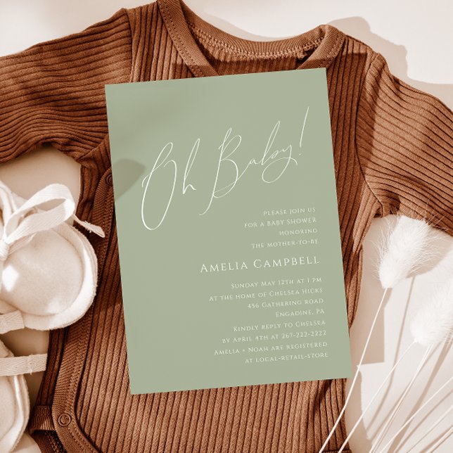 Whimsical Sage Green Oh Baby! Baby Shower  Invitation (Creator Uploaded)