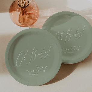 Whimsical Sage Green Oh Baby! Baby Shower Paper Plate