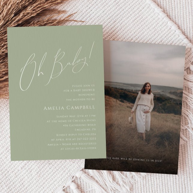 Whimsical Sage Green Oh Baby! Photo Baby Shower  Invitation (Creator Uploaded)