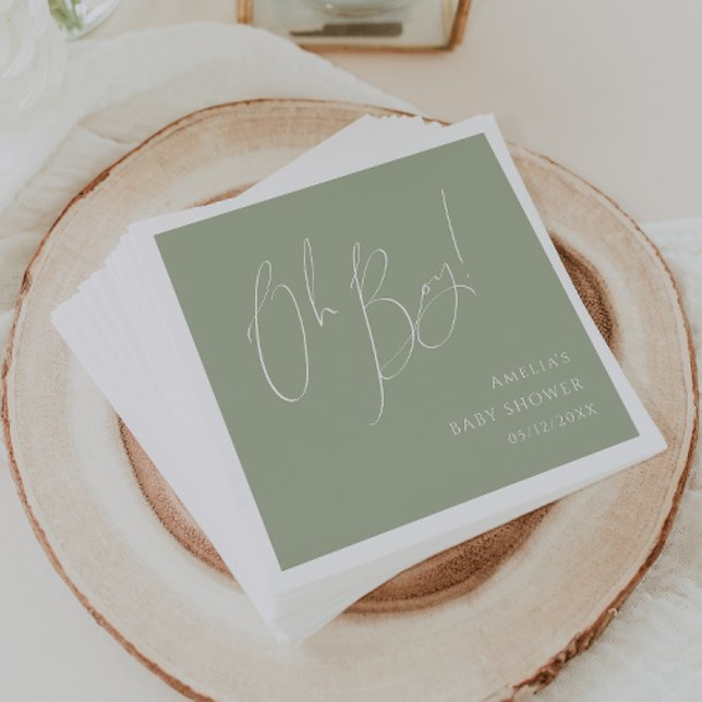Whimsical Sage Green Oh Boy Baby Shower Napkin (Creator Uploaded)