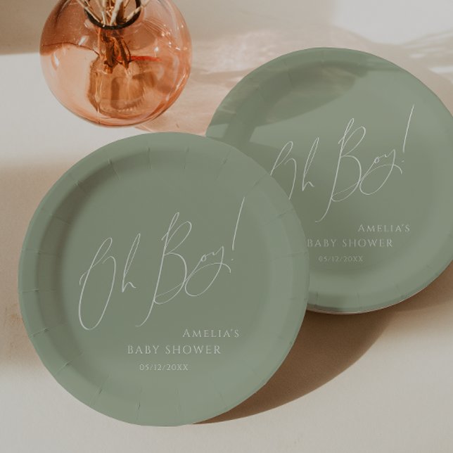 Whimsical Sage Green Oh Boy! Baby Shower Paper Plate (Creator Uploaded)
