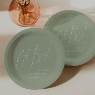 Whimsical Sage Green Oh Boy! Baby Shower Paper Plate
