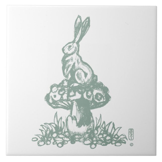 Whimsical Sage Green Rabbit on Mushroom Drawing Ceramic Tile (Front)