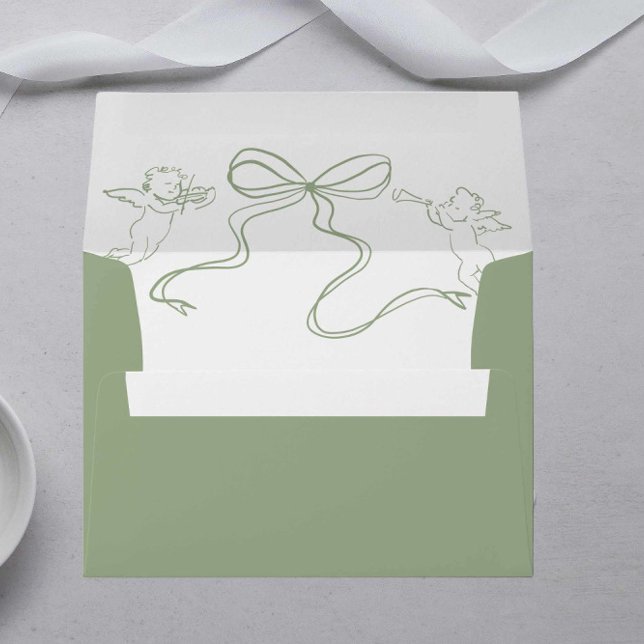 Whimsical Sage Green Wedding Envelope (sage green hand drawn envelope features whimsical cherub and bow illustration)