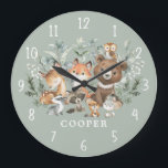 Whimsical Sage Green Woodland Animals Boy Nursery Large Clock<br><div class="desc">This whimsical design features soft sage green watercolor greenery and adorable forest animals</div>