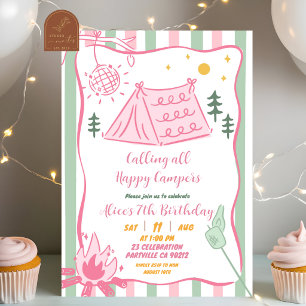 \ Whimsical Sage Pink Happy Campers Birthday Invitation