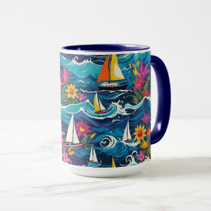 Whimsical Sailboats with Waves and Flowers Mug