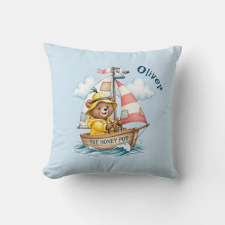 Whimsical Sailor Bear on Sailboat Cushion