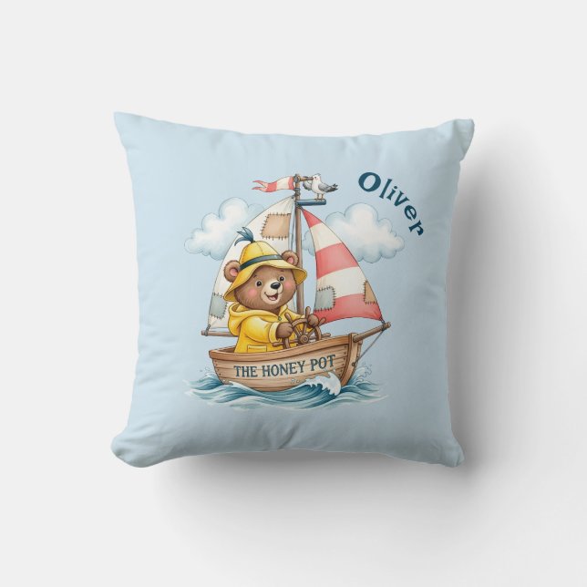 Whimsical Sailor Bear on Sailboat Cushion (Front)