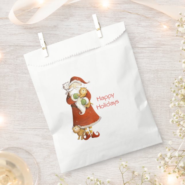 Whimsical Santa and Cats Holiday Favour Bag (Clipped)