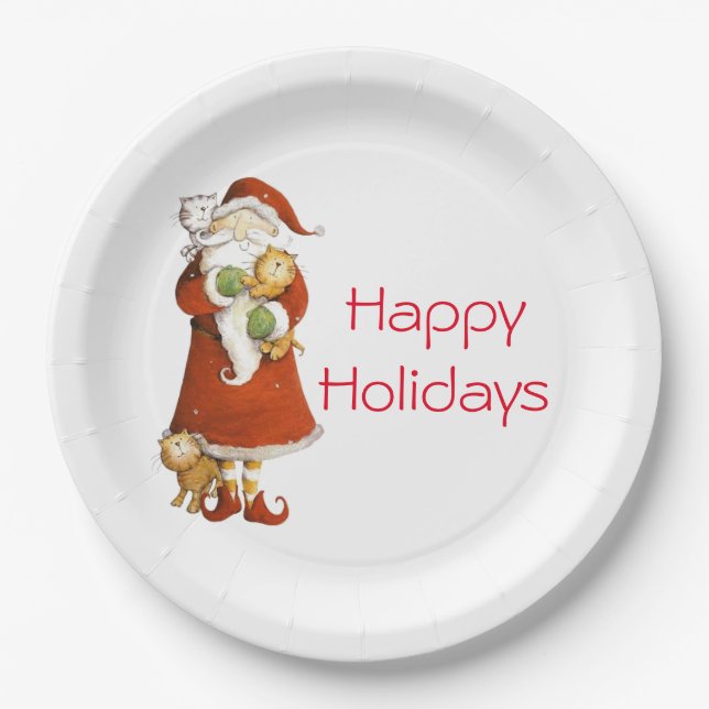 Whimsical Santa and Cats Holiday Paper Plate (Front)