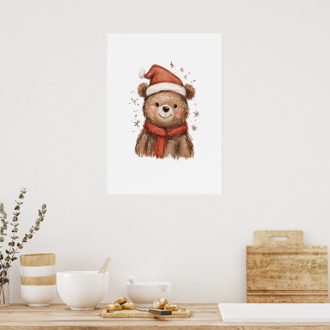 Whimsical Santa Bear with Red Scarf Poster (Kitchen)