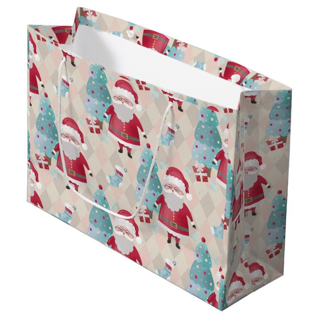 Whimsical Santa Claus and Christmas Trees  Large Gift Bag (Front Angled)